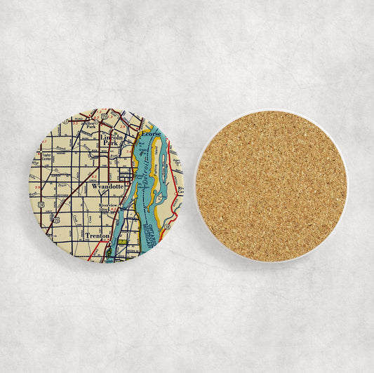 Wyandotte Michigan Map Coasters | Set of 4 Vintage Wyandotte Michigan Drink Coasters | Travel-Inspired Home Decor