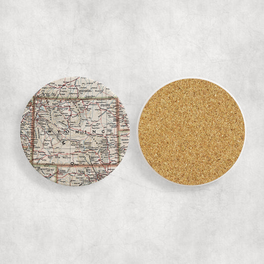 Wyoming Map Coasters | Set of 4 Vintage Wyoming Drink Coasters | Travel-Inspired Home Decor