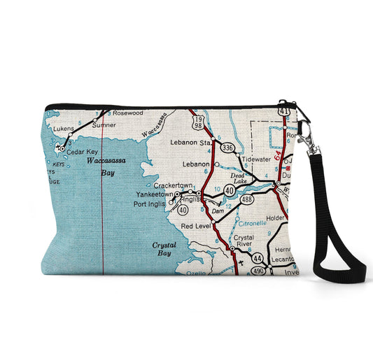 Yankeetown Florida map wristlet travel pouch