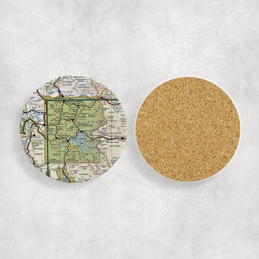 Yellowstone National Park vintage map ceramic coaster with cork backing
