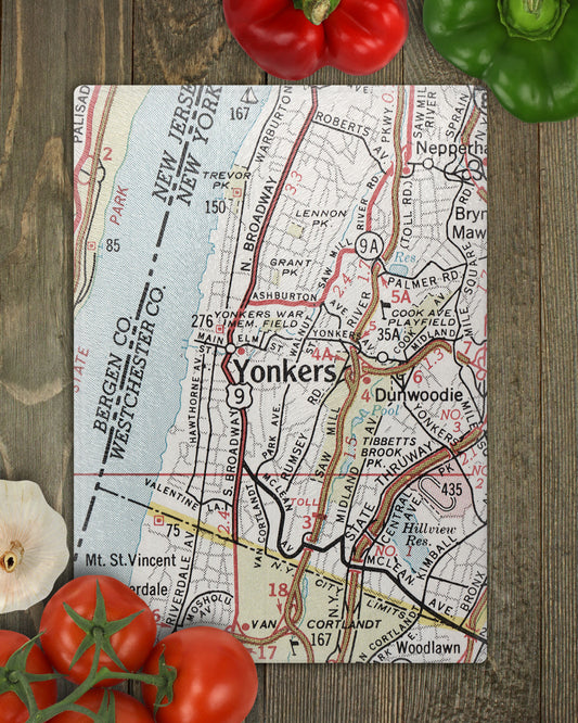 Yonkers New York Vintage Map Glass Cutting Board