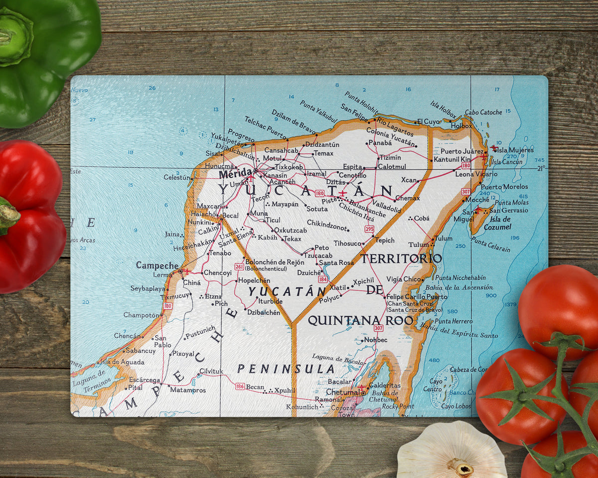 Yucatan Peninsula Mexico Vintage Map Cutting Board | Cancun Tulum Cozumel Gift