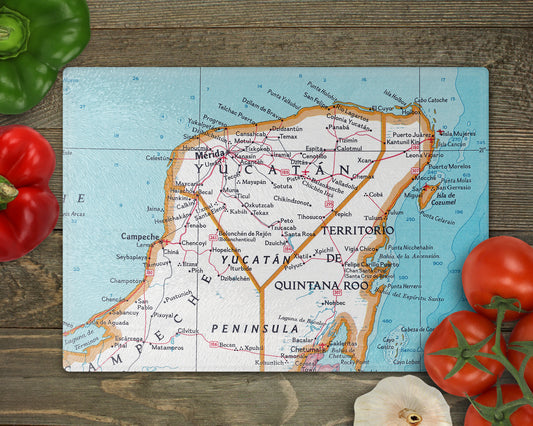 Yucatan Peninsula Mexico vintage map glass cutting board