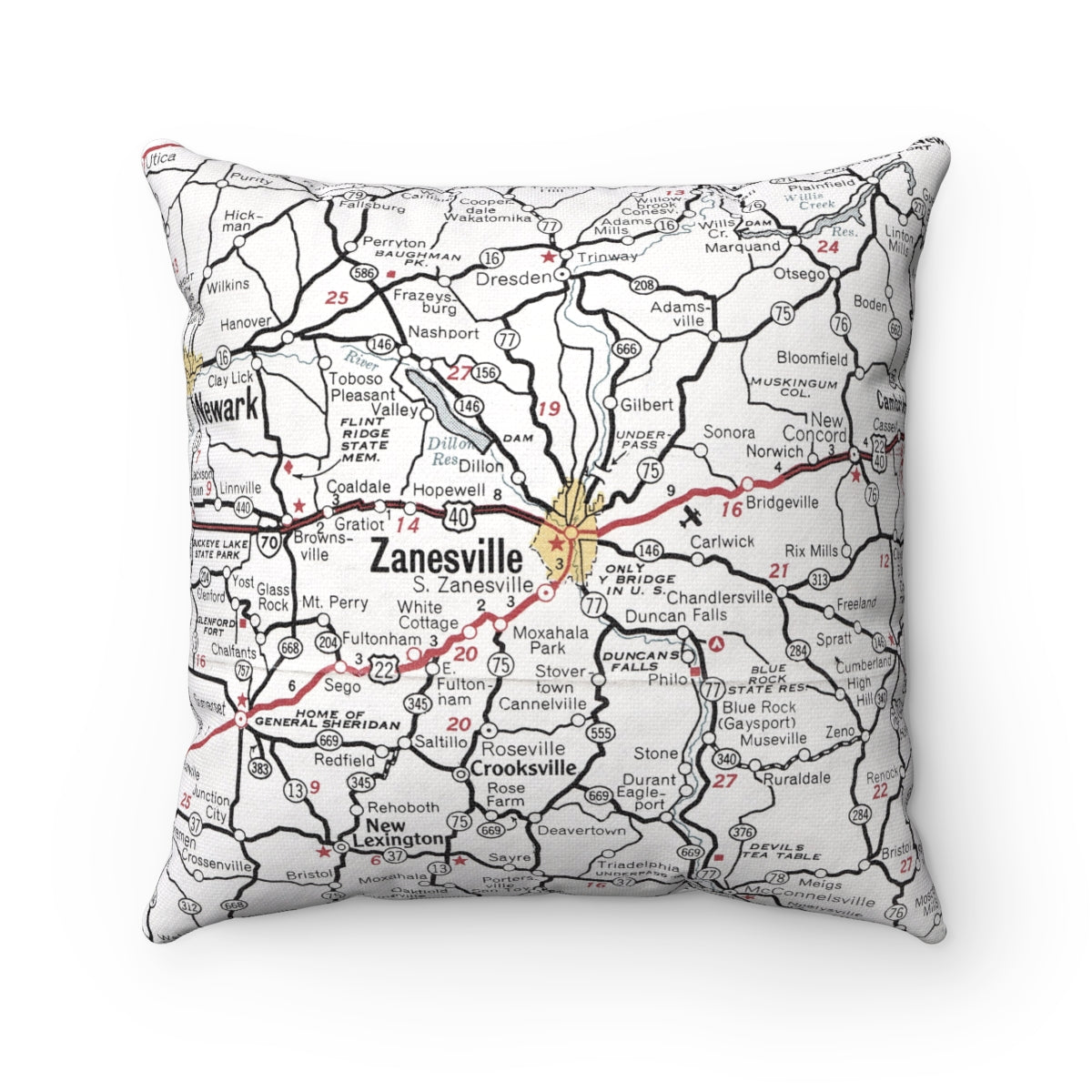 Zanesville Ohio vintage map pillow