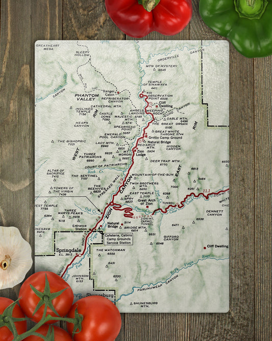 Zion National Park Vintage Map Glass Cutting Board