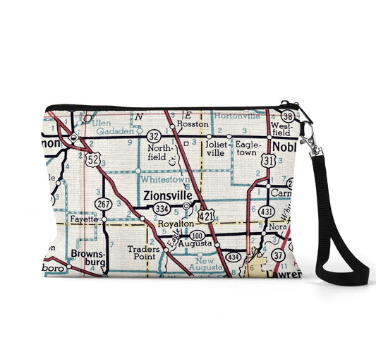 Zionsville Indiaia map wristlet travel pouch