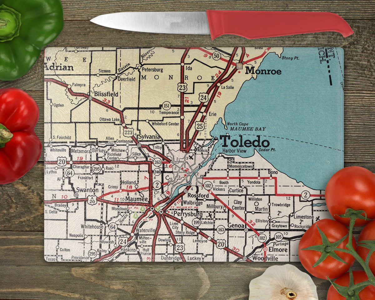 Toledo Ohio vintage map glass cutting board