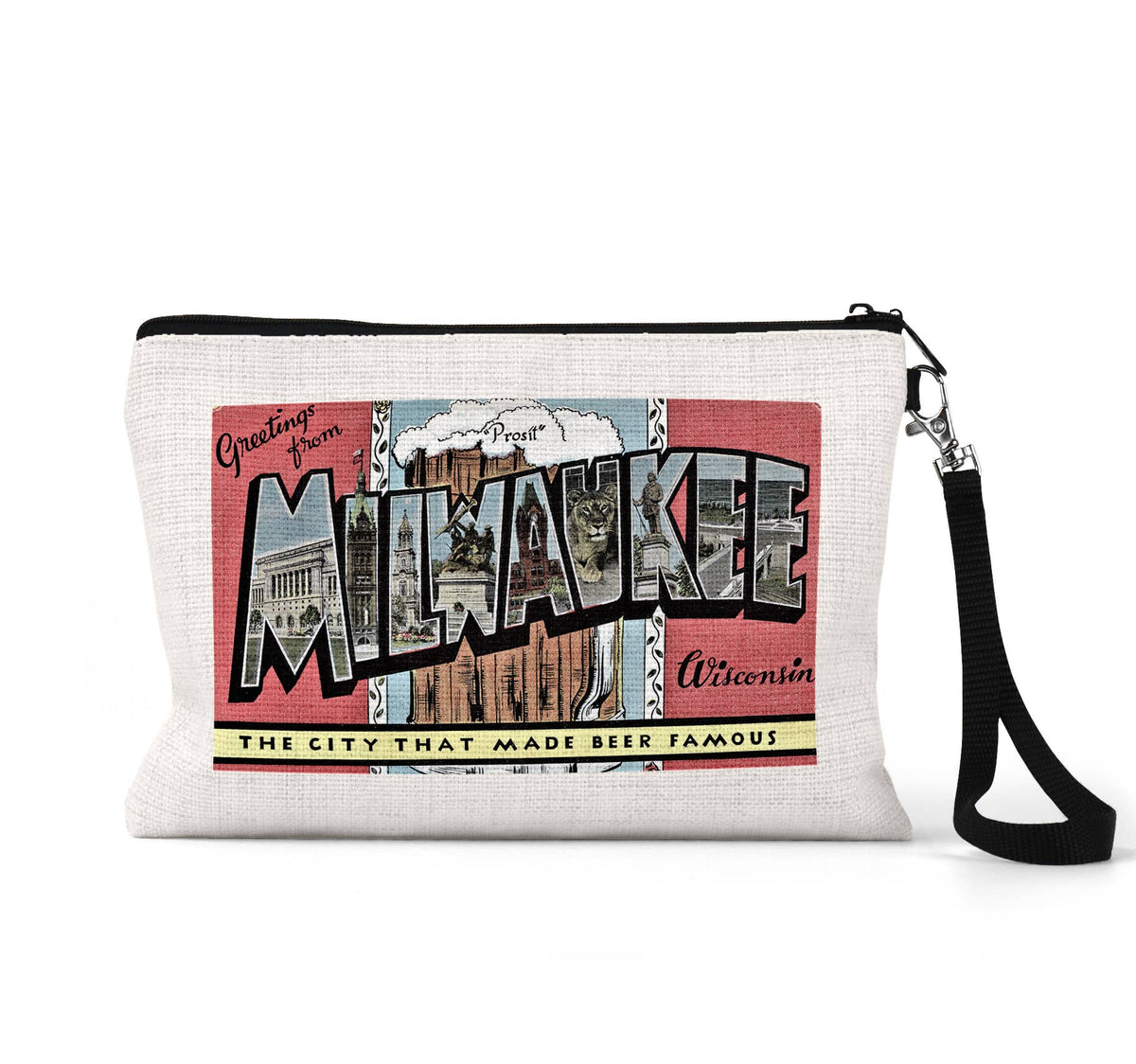 Milwaukee Wisconsin vintage postcard wristlet travel pouch