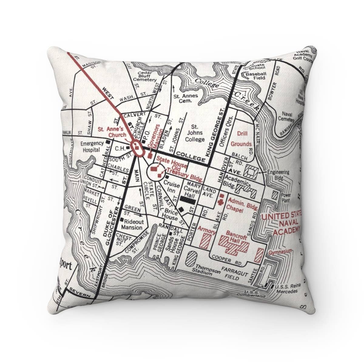 US Naval Academy Annapolis Maryland vintage map throw pillow
