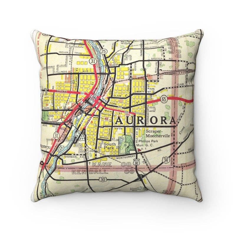 Aurora Illinois vintage map throw pillow