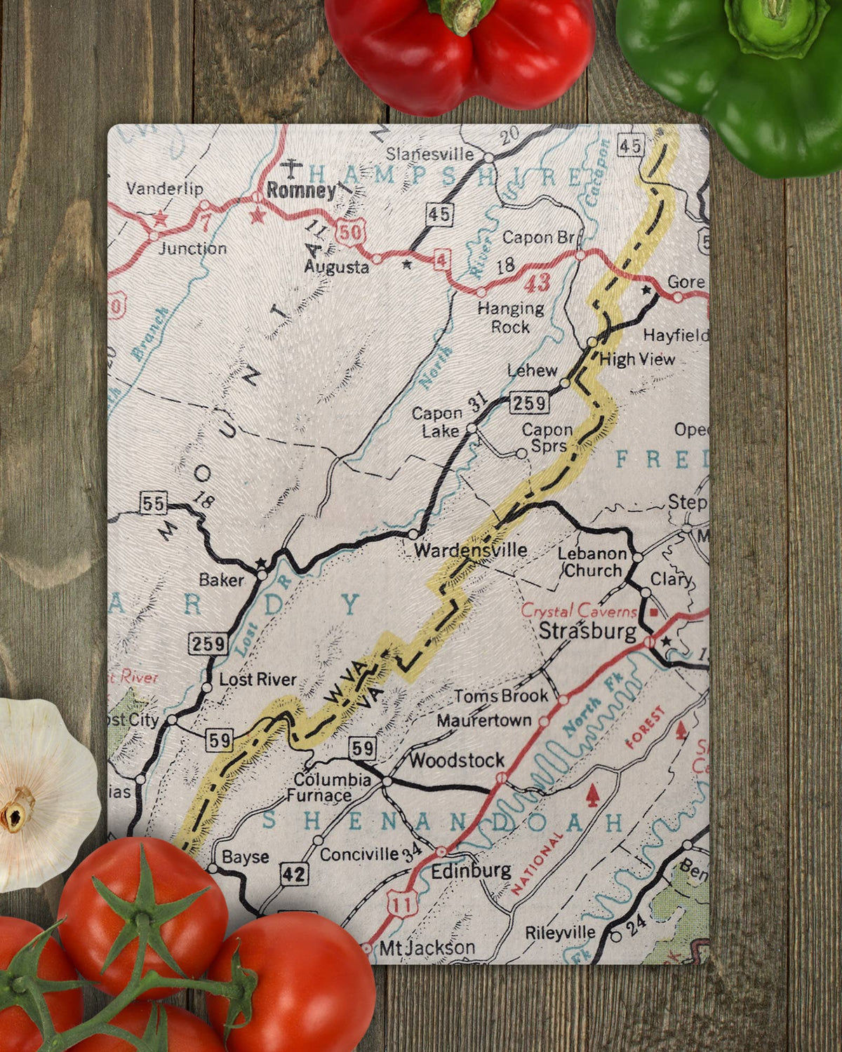 Wardensville West Virginia vintage map glass cutting board