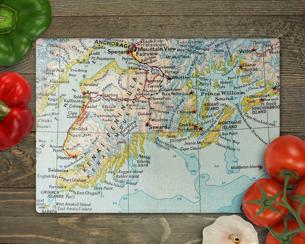 Seward Alaska vintage map glass cutting board