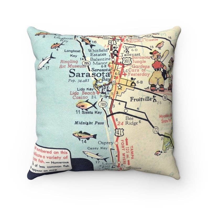 Siesta Key Florida vintage map throw pillow