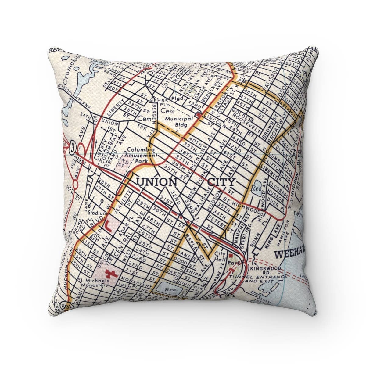 Union City New Jersey vintage map throw pillow