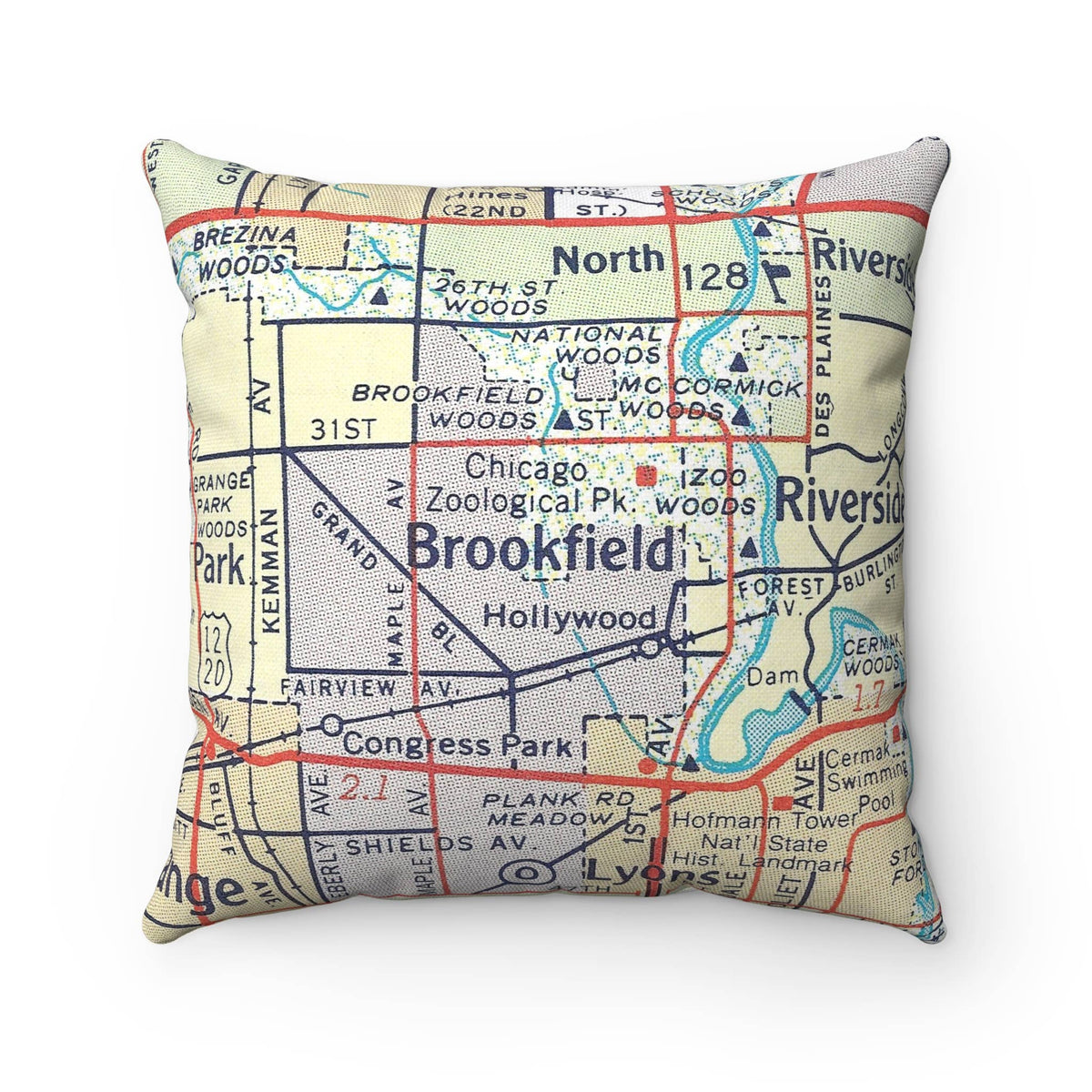 Brookfield Illinois vintage map throw pillow