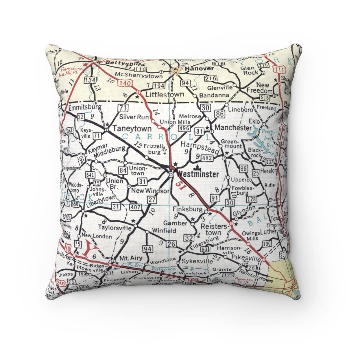 Carroll County Maryland vintage map throw pillow