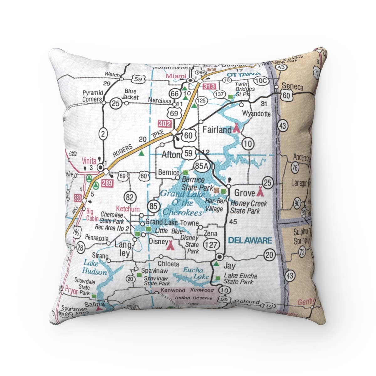 Grand Lake O' the Cherokees Oklahoma vintage map throw pillow