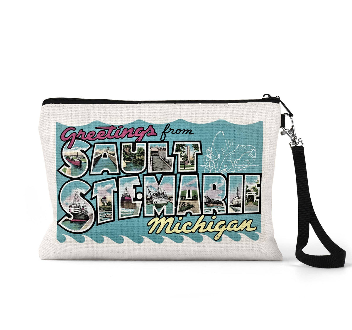 Sault Ste Marie Michigan vintage postcard wristlet travel pouch