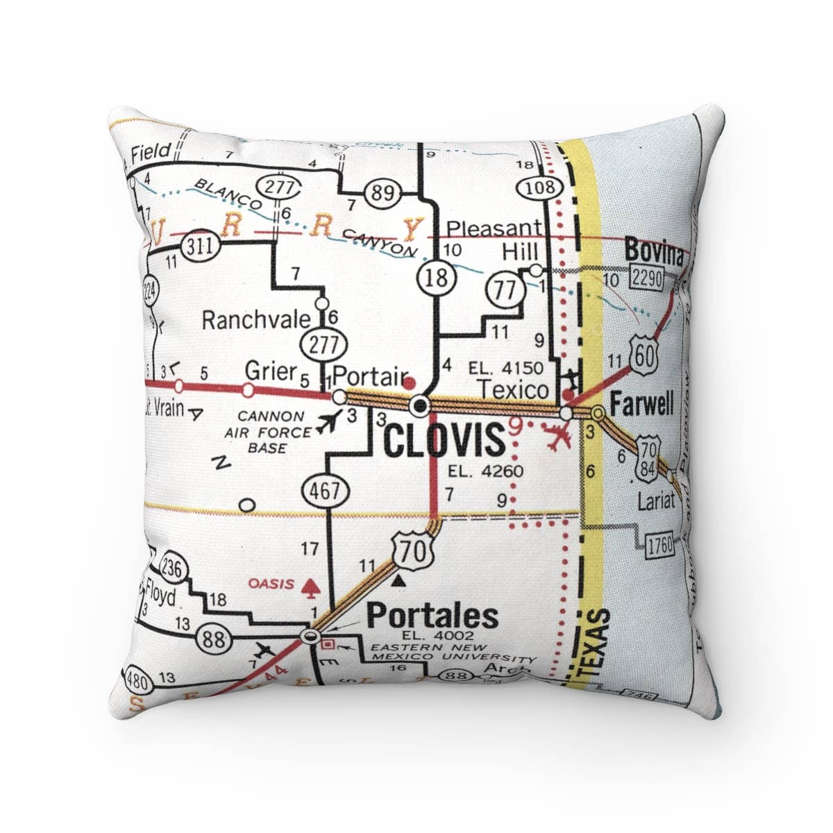 Clovis New Mexico Cannon Air Force Base vintage map throw pillow
