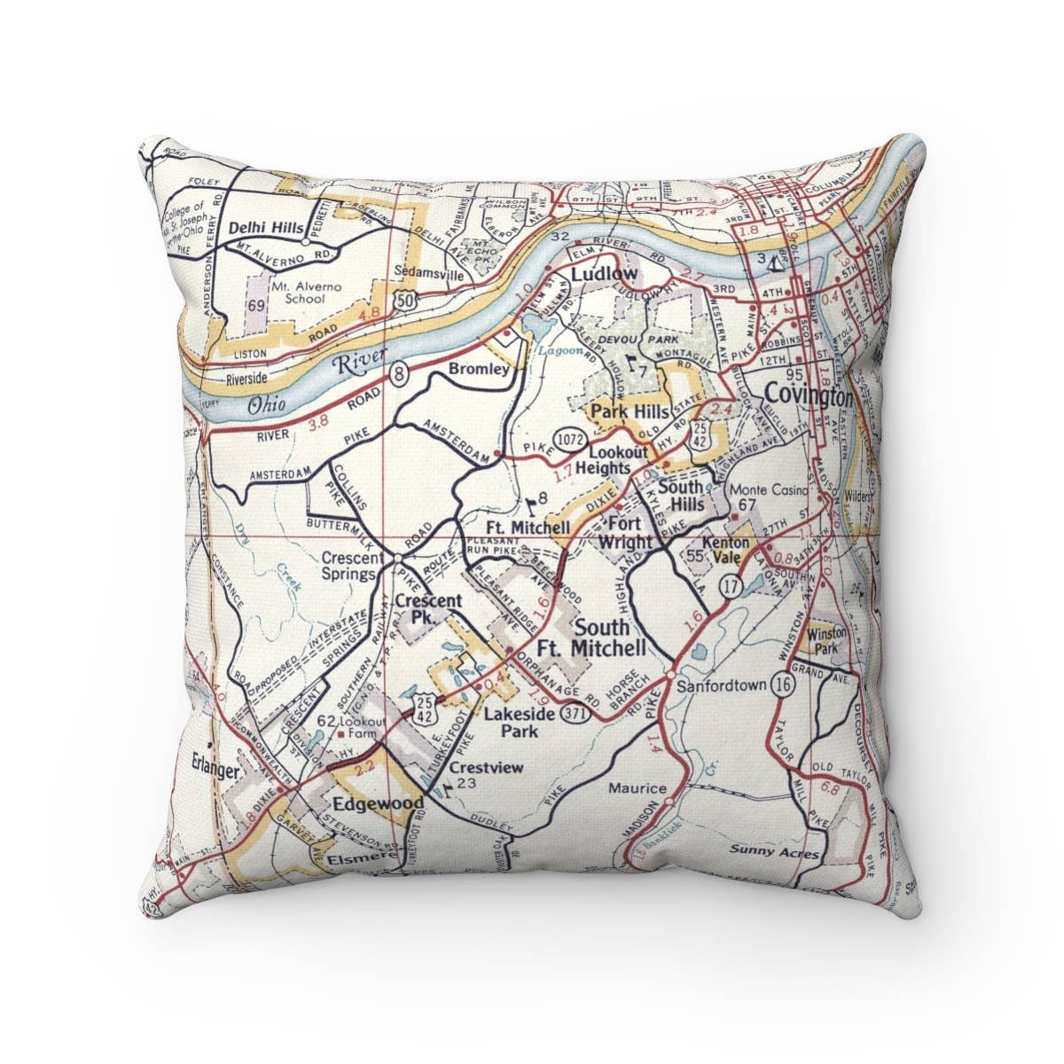 Fort Mitchell Kentucky vintage map throw pillow