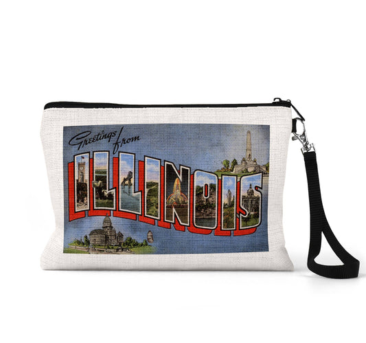 Illinois vintage postcard wristlet travel pouch