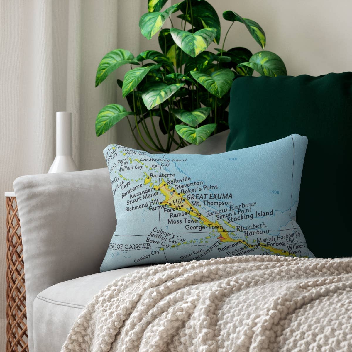 Great Exuma Island Bahamas vintage map throw pillow