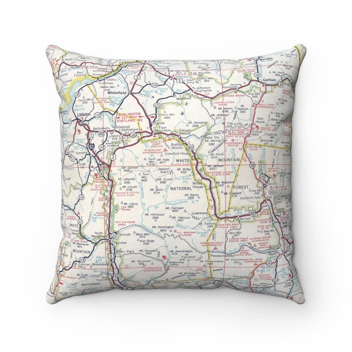 White Mountains National Forest New Hampshire vintage map throw pillow