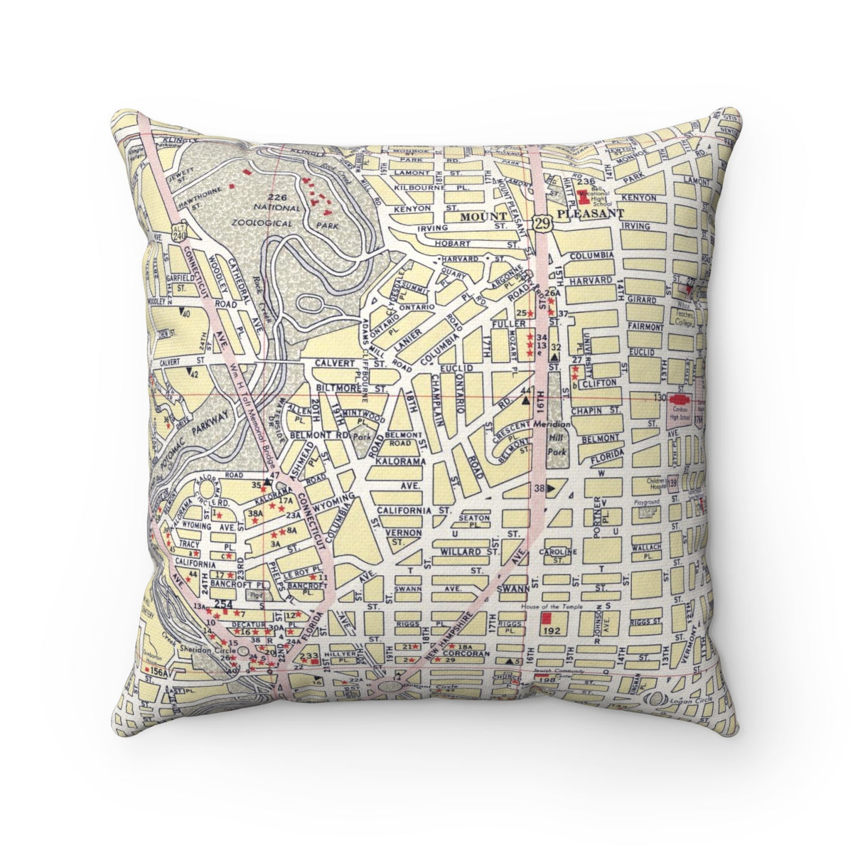 Adams Morgan Washington DC vintage map throw pillow front view