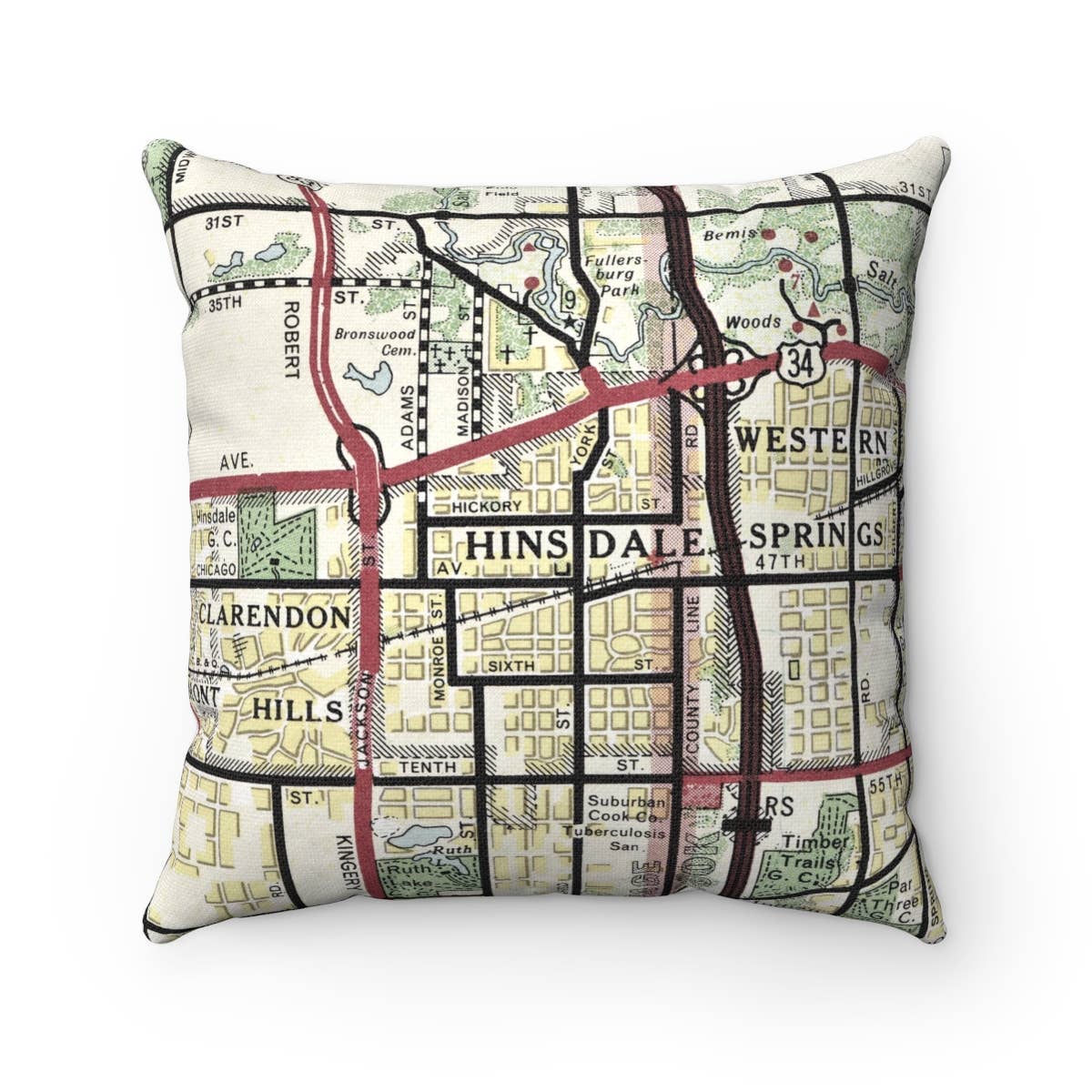 Hinsdale Illinois vintage map throw pillow