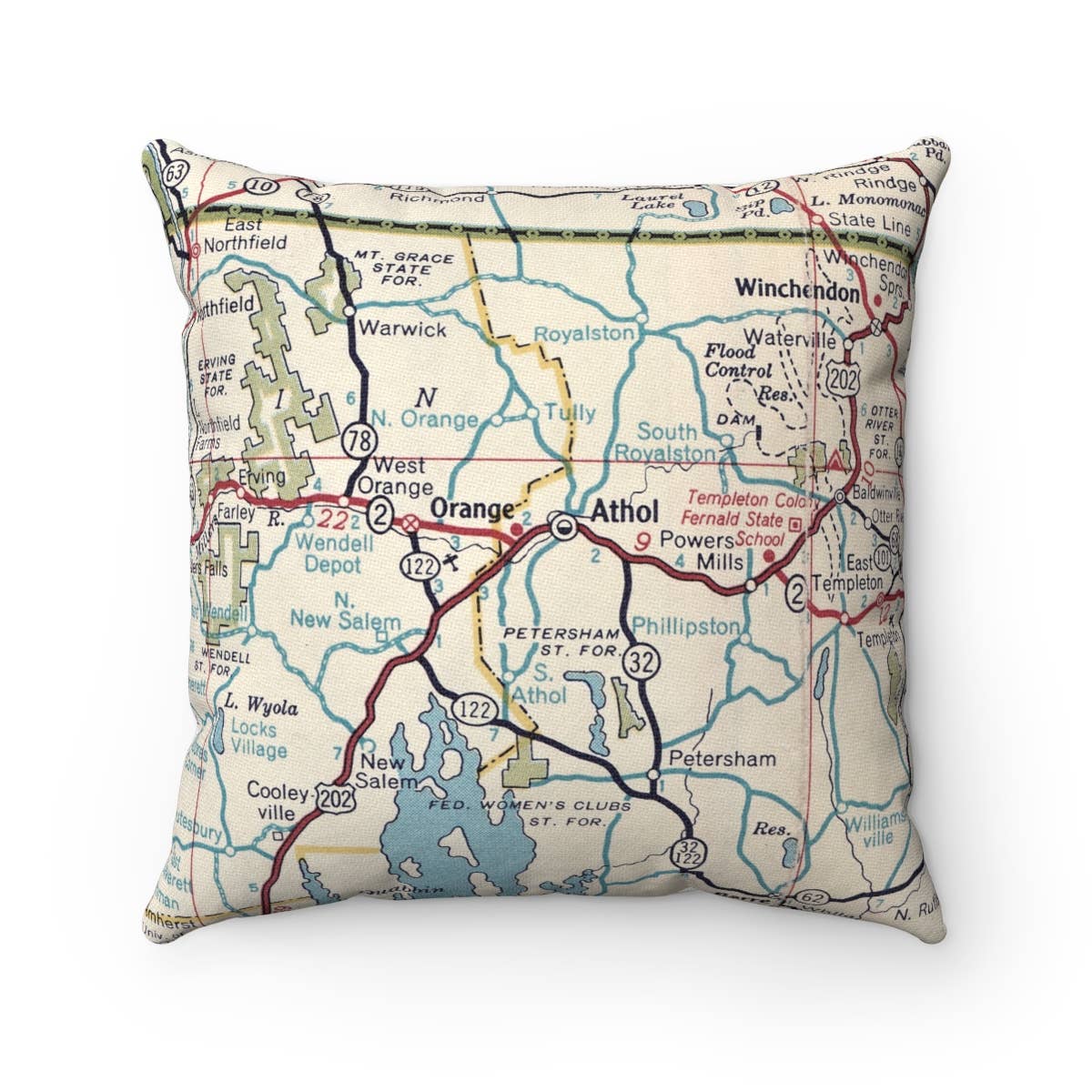 Orange Athol Massachusetts vintage map throw pillow