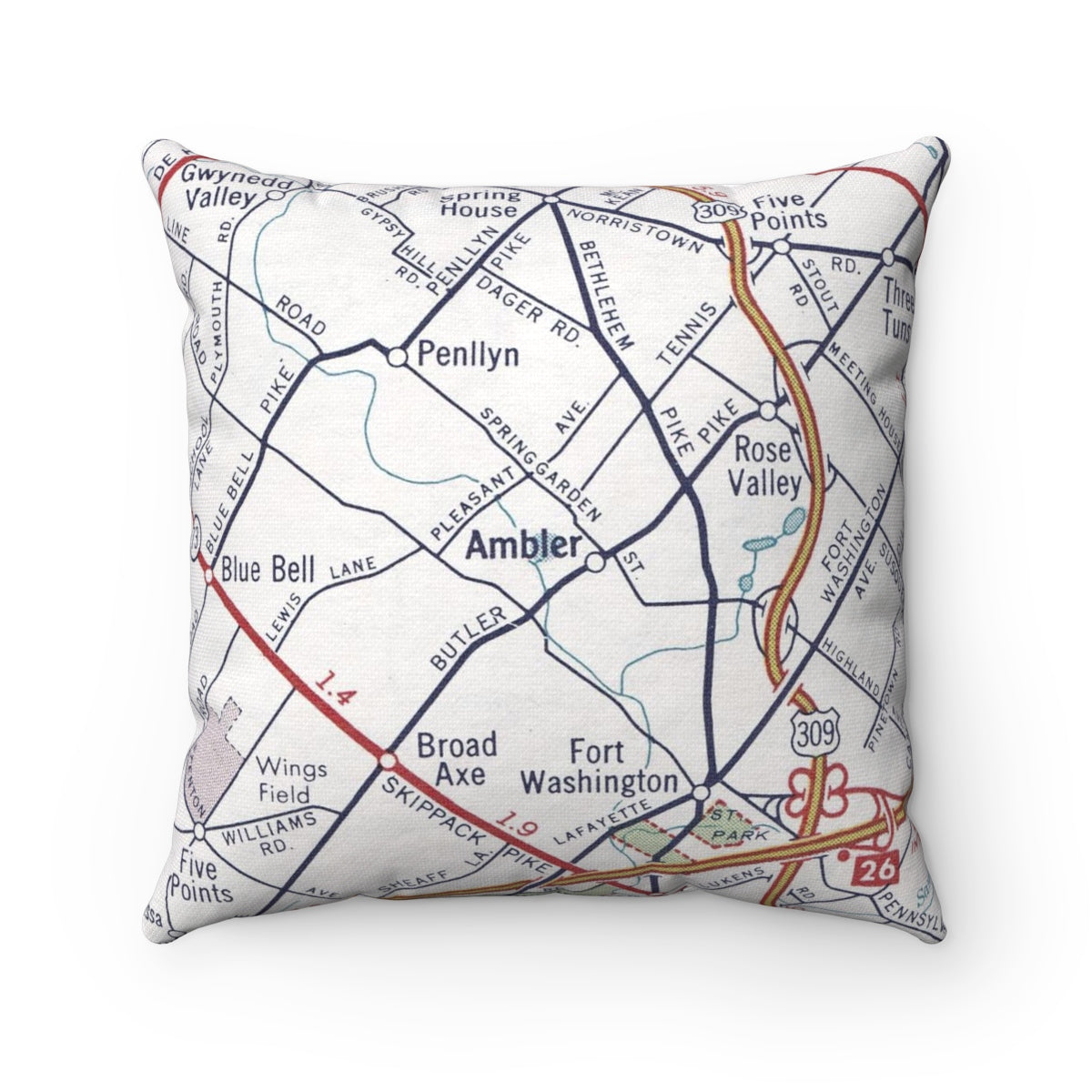 Ambler Pennsylvania vintage map throw pillow front view