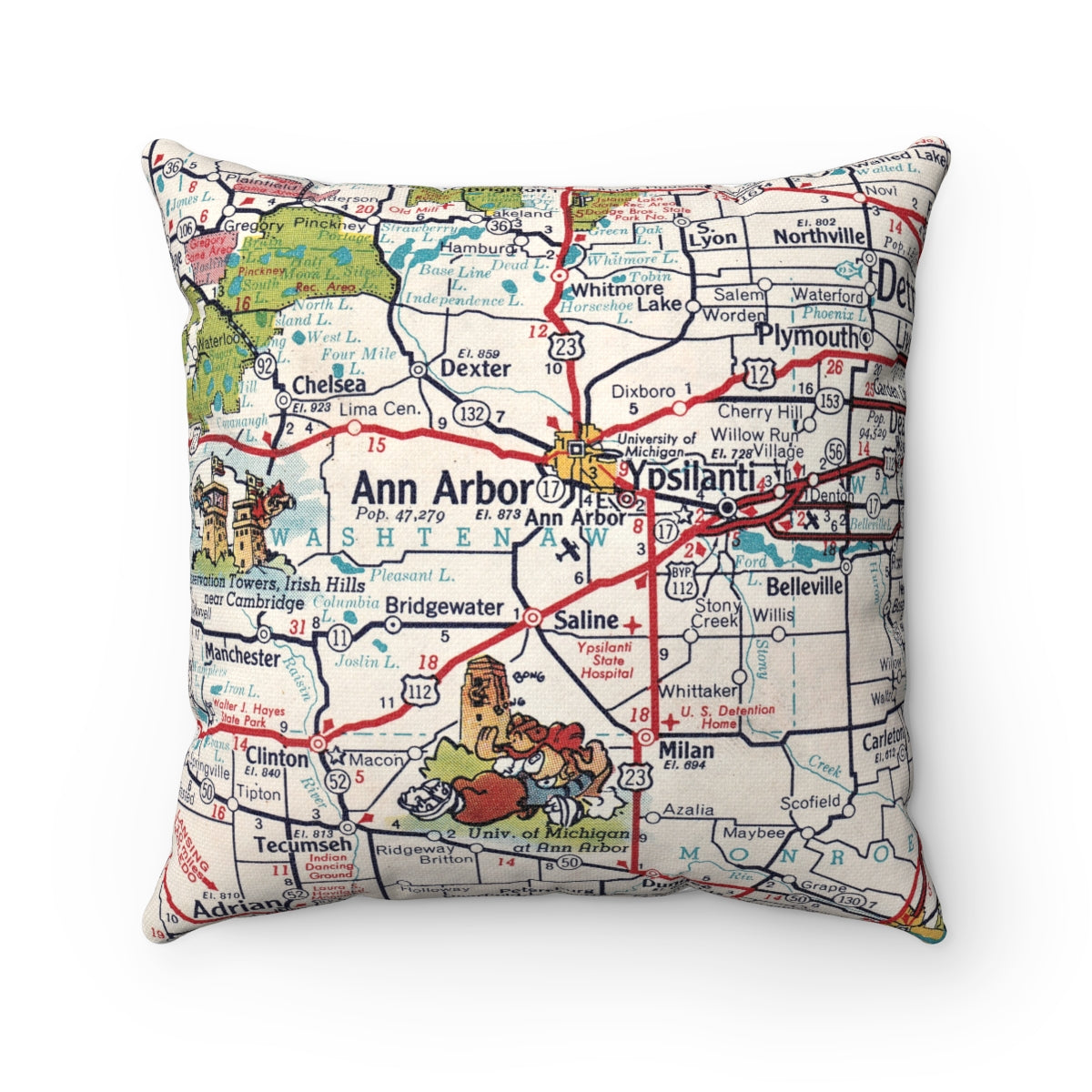 Ann Arbor Michigan vintage map throw pillow front view