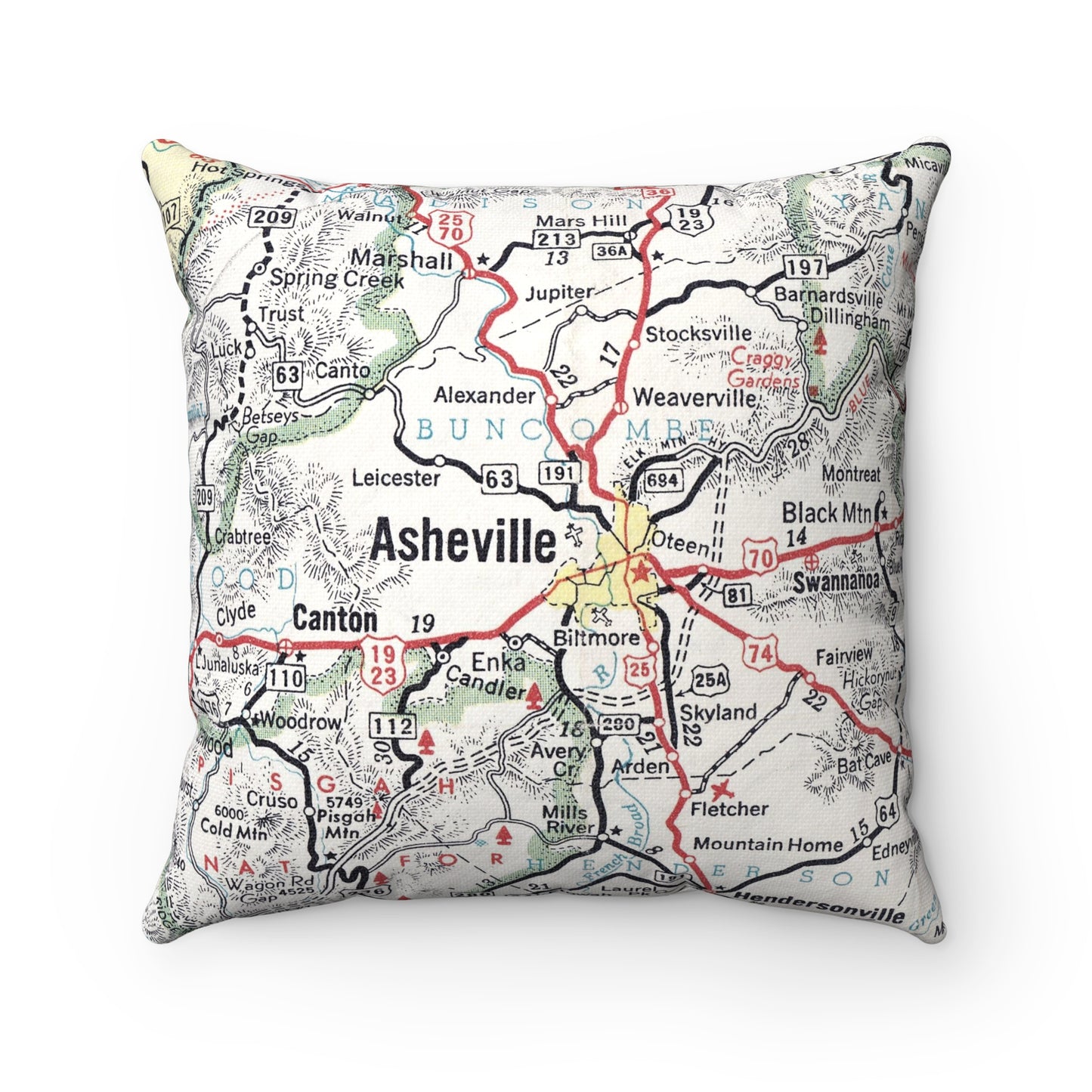 Asheville North Carolina vintage map throw pillow front view