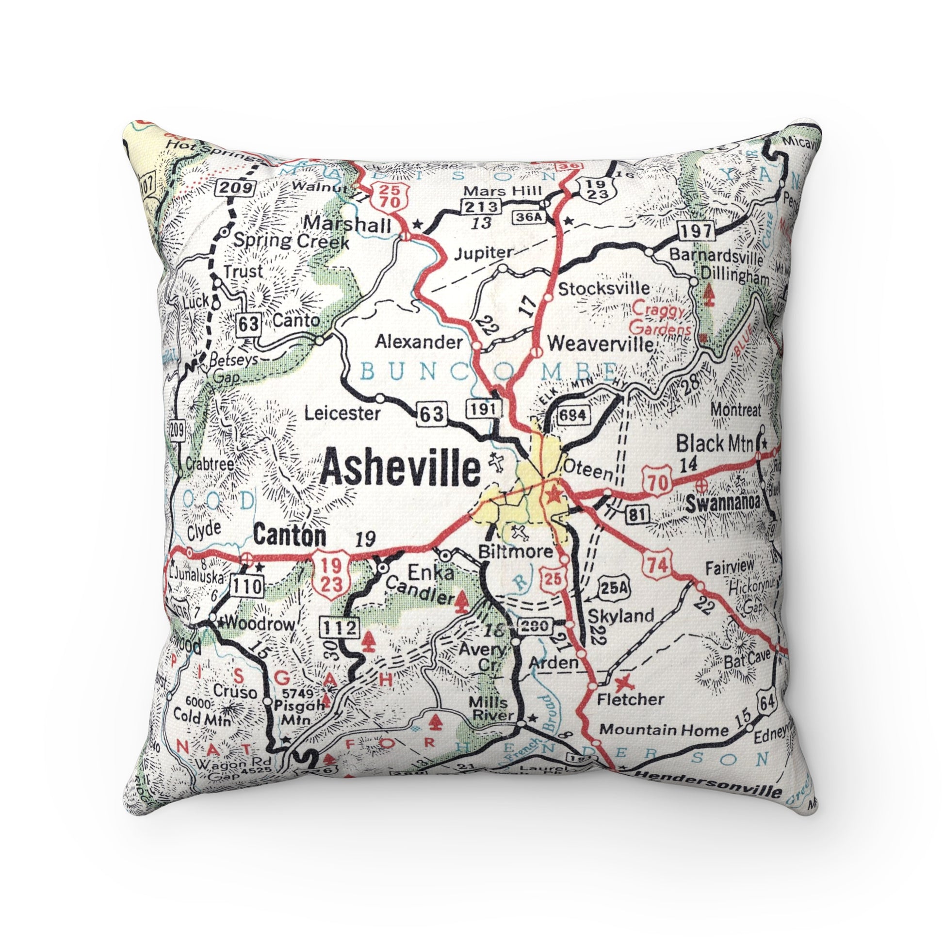Asheville North Carolina vintage map throw pillow front view