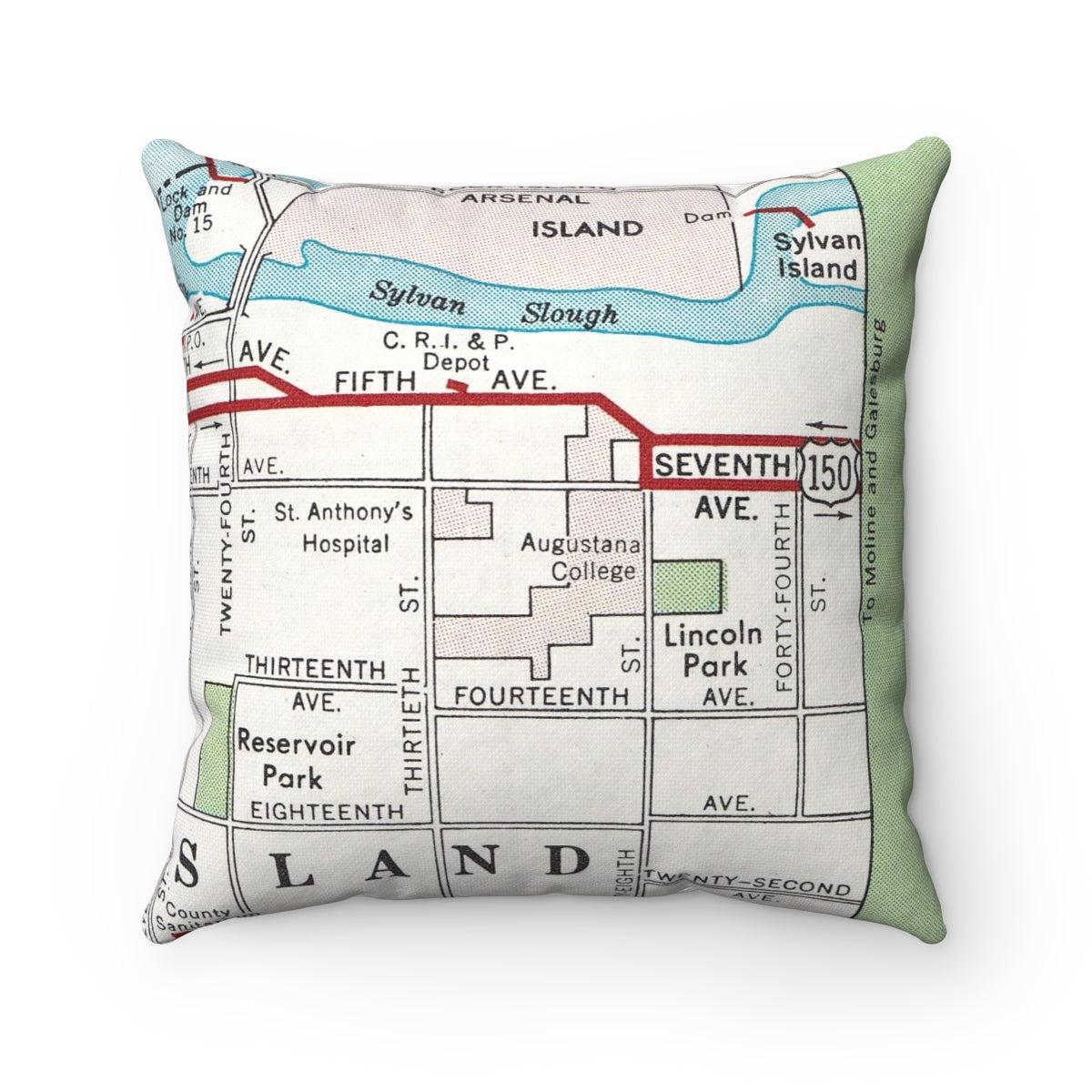 Augustana College vintage map throw pillow front view