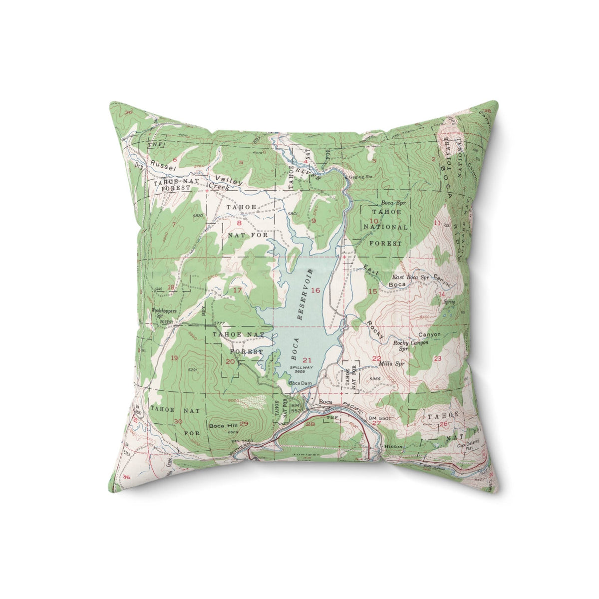 Boca Reservoir California vintage map throw pillow