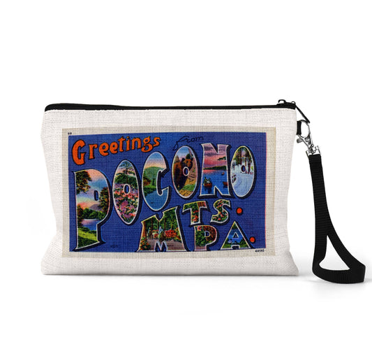 Poconos Pennsylvania vintage postcard wristlet travel pouch