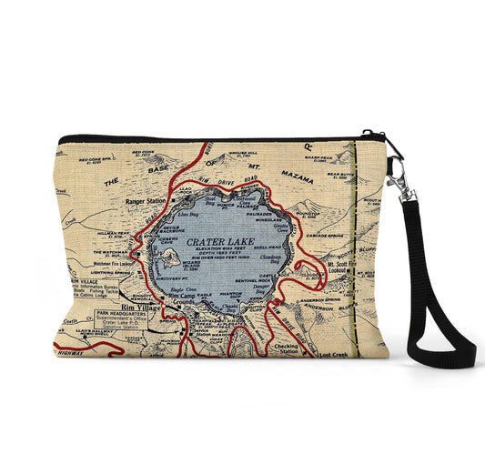 Crater Lake National Park Oregon map wristlet travel pouch