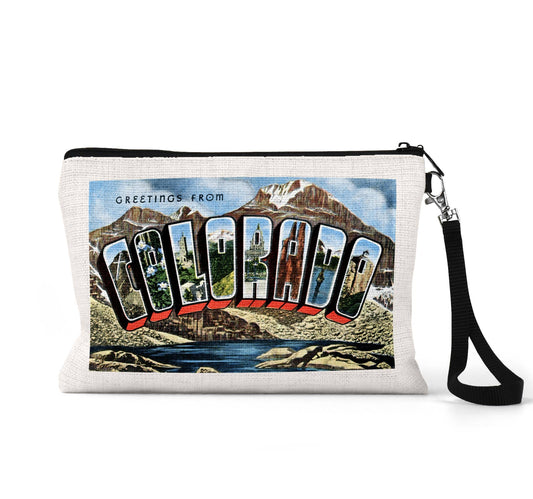 Colorado vintage postcard wristlet travel pouch