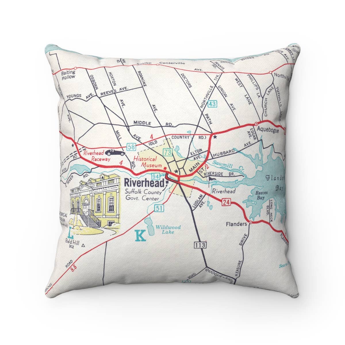 Riverhead New York Long Island vintage map throw pillow