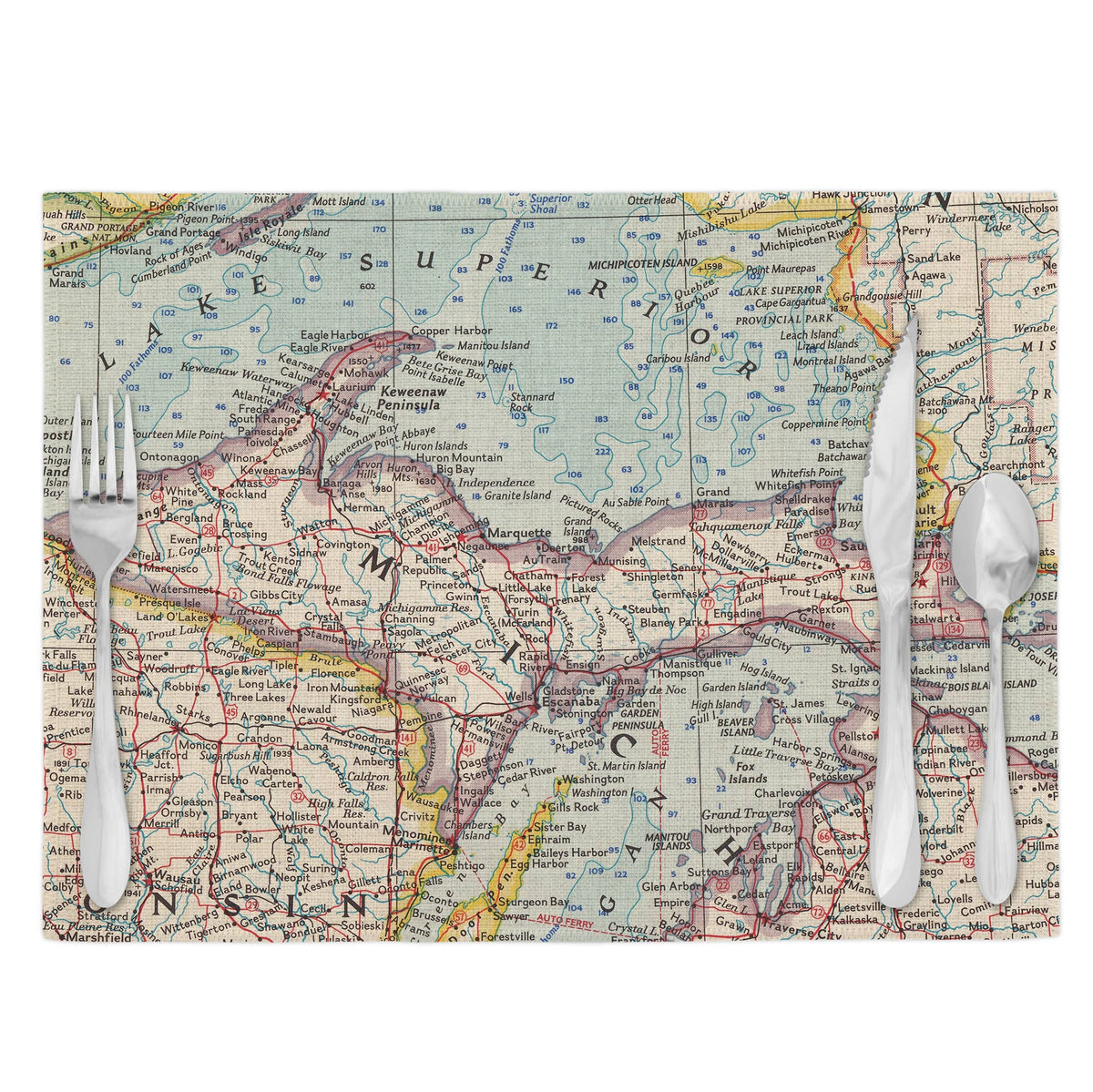 Upper Peninsula Michigan vintage map placemats set of 4