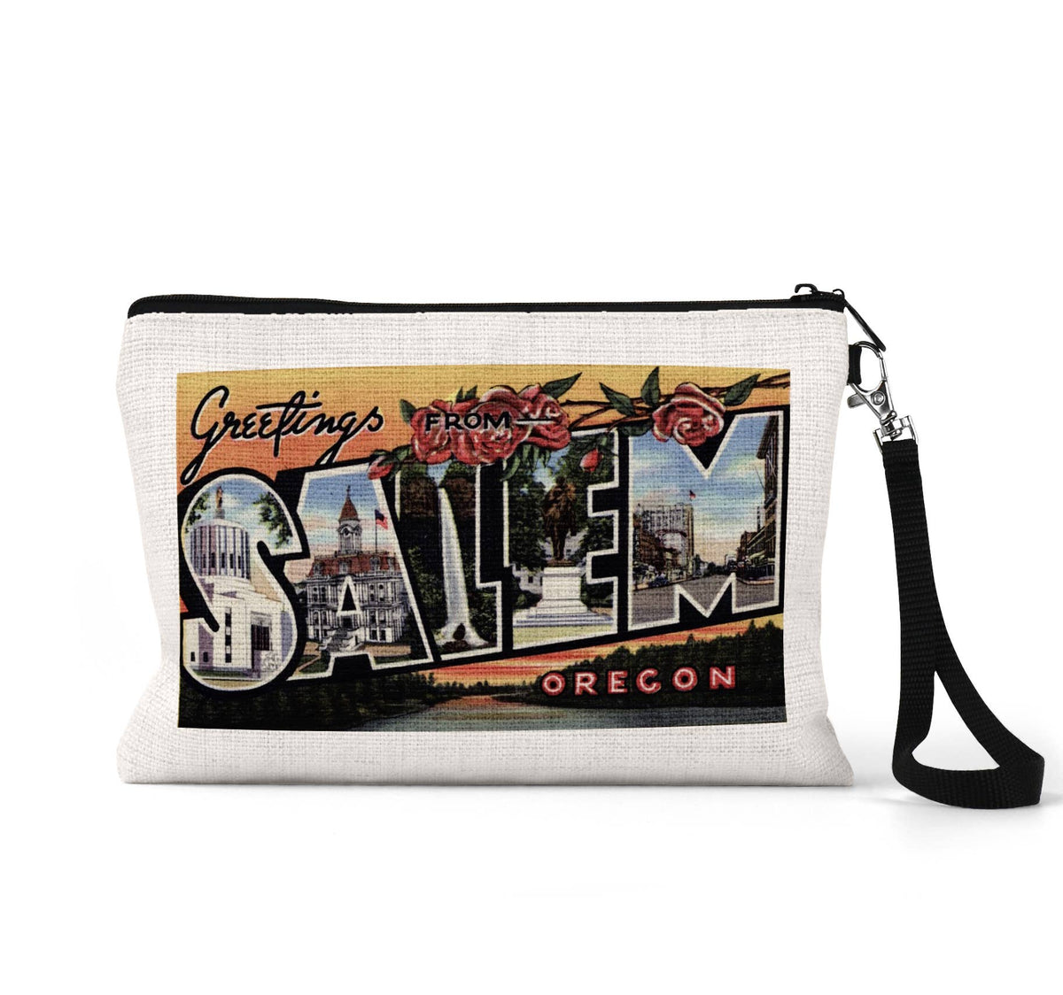 Salem Oregon vintage postcard wristlet travel pouch