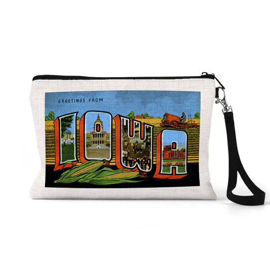 Iowa vintage postcard wristlet travel pouch