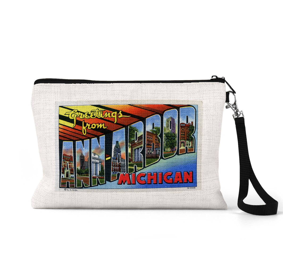 Ann Arbor Michigan vintage postcard wristlet travel pouch
