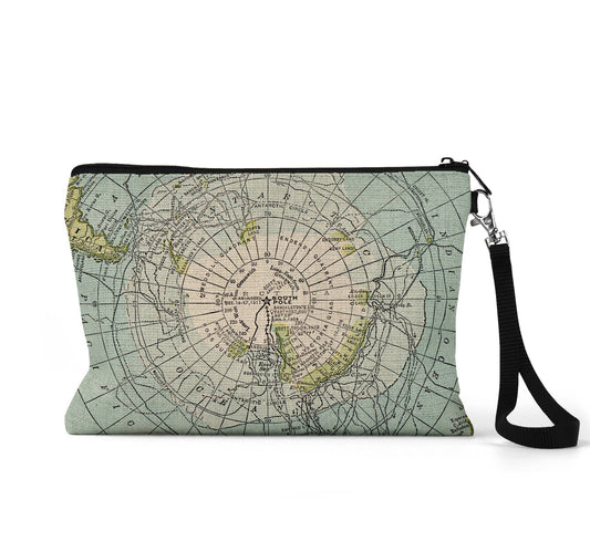 Antarctica South Pole map wristlet travel pouch