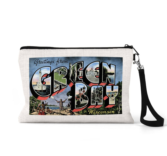 Green Bay Wisconsin vintage postcard wristlet travel pouch