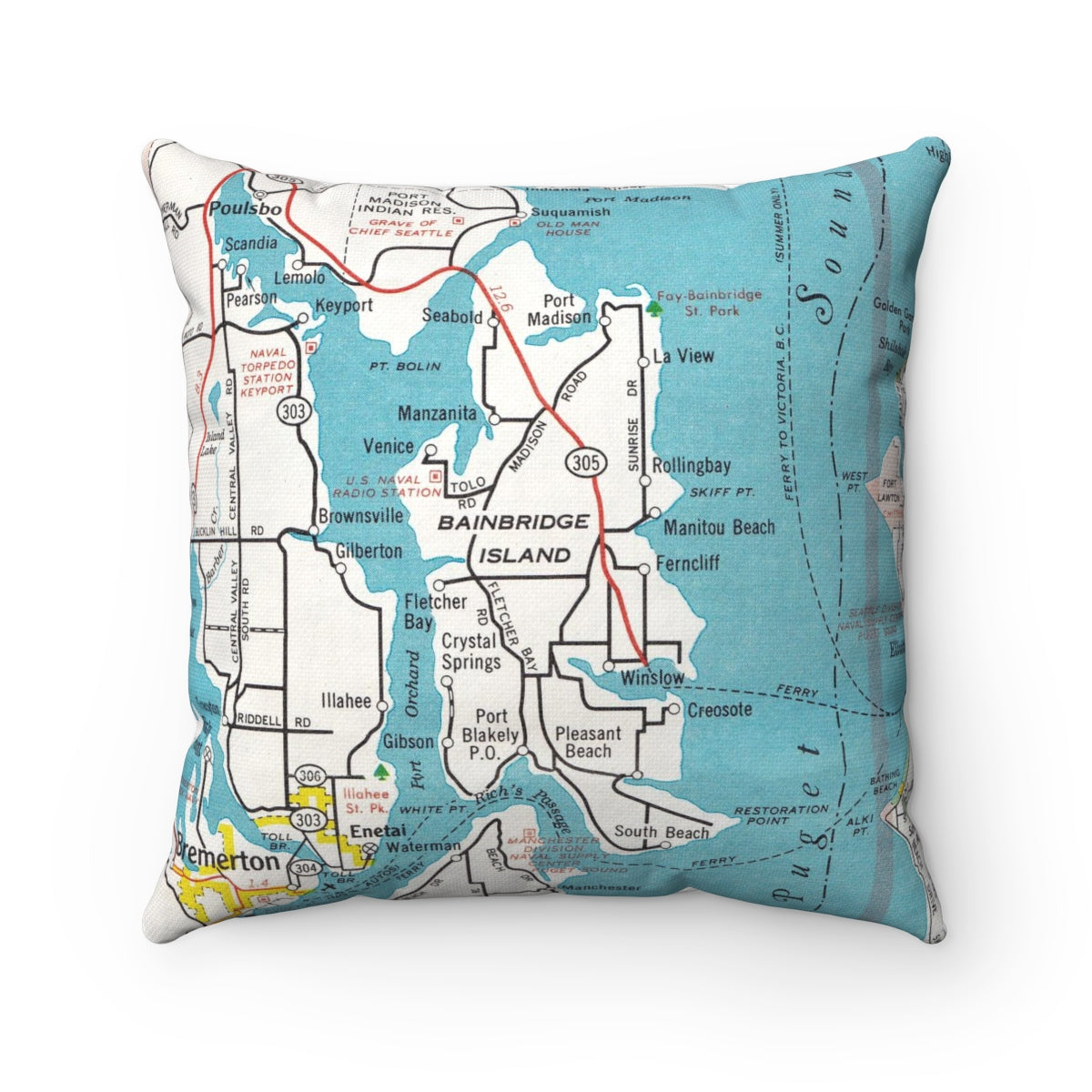 Bainbridge Island Washington vintage map pillow