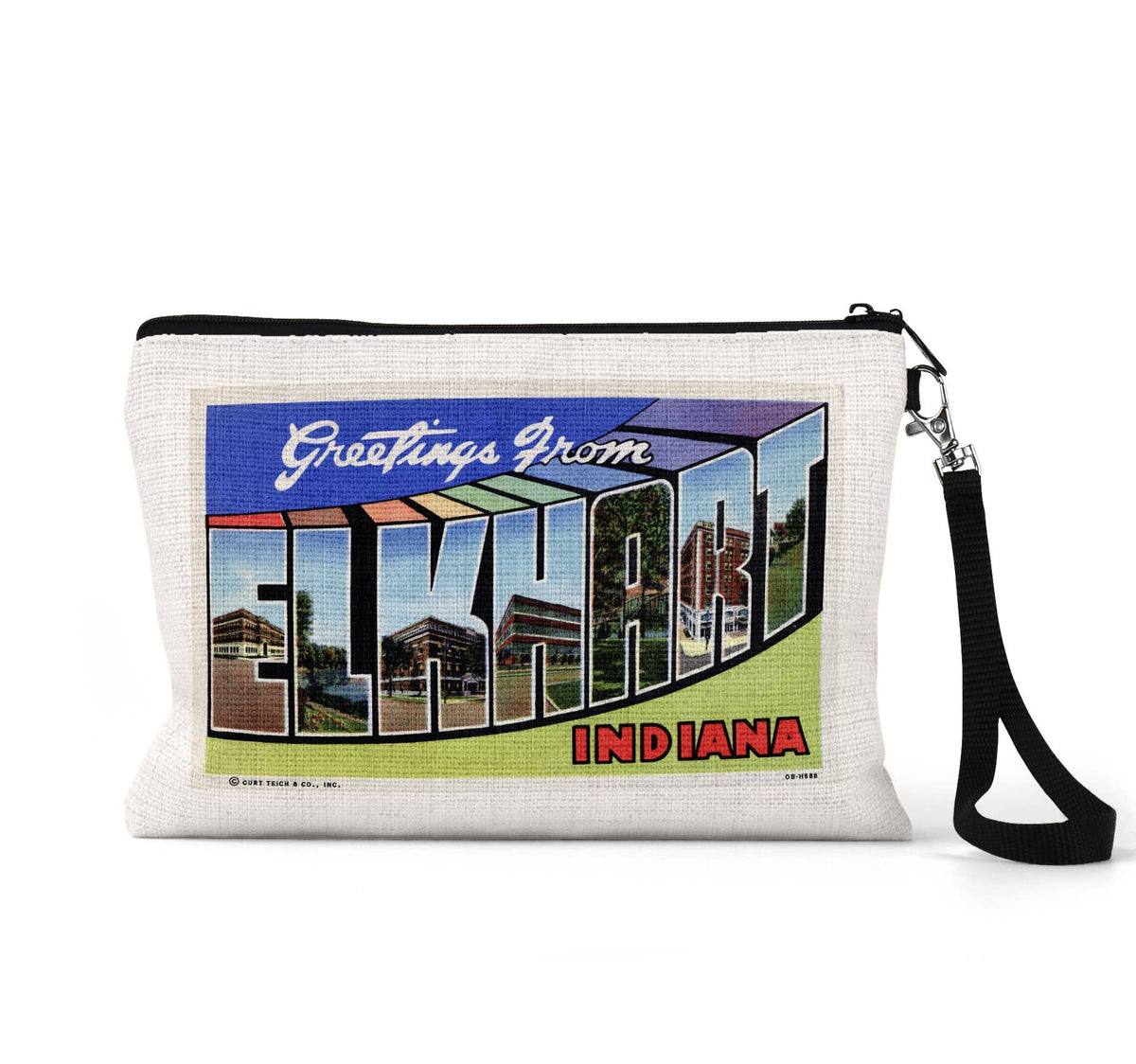 Elkhart Indiana vintage postcard wristlet travel pouch
