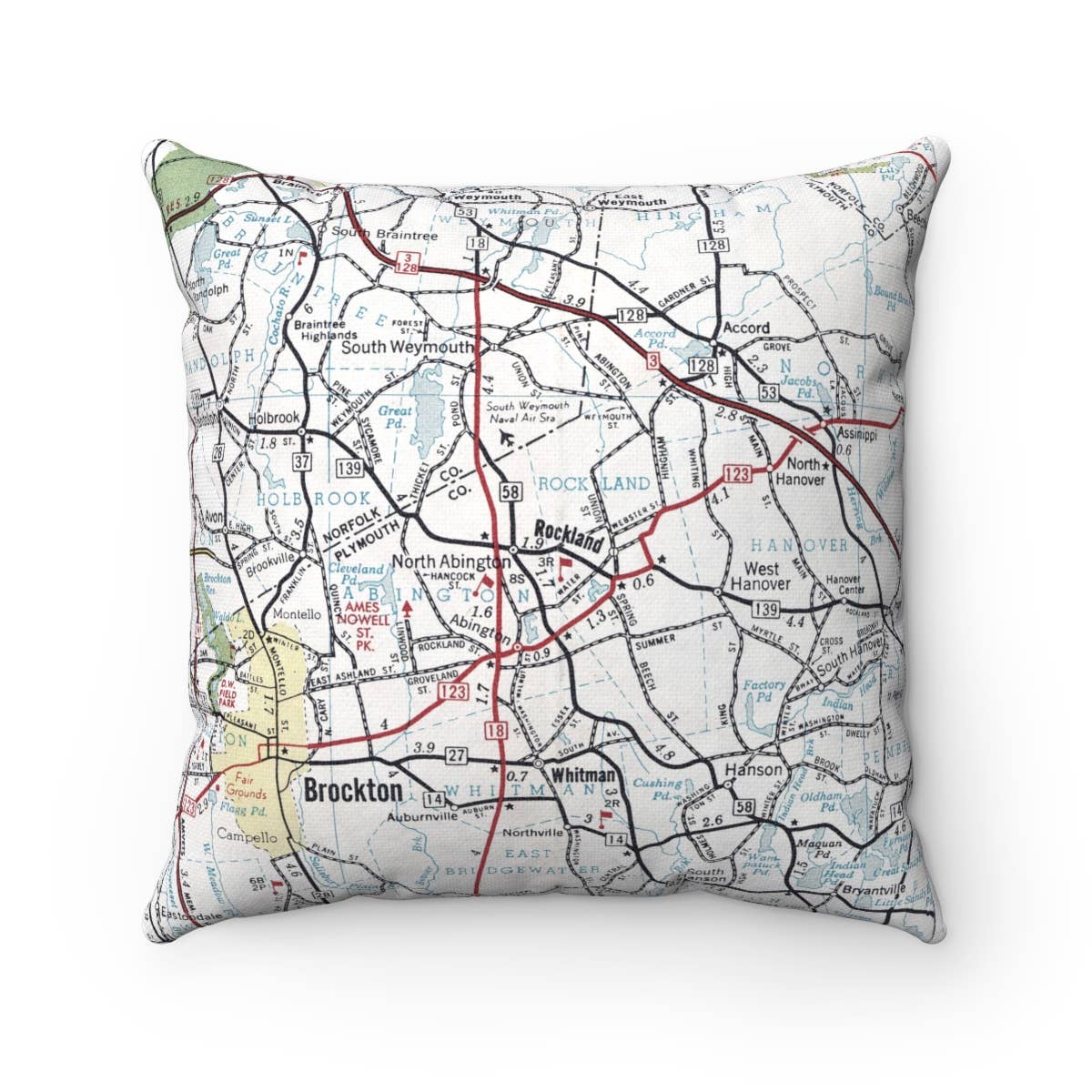 Rockland Massachusetts vintage map throw pillow