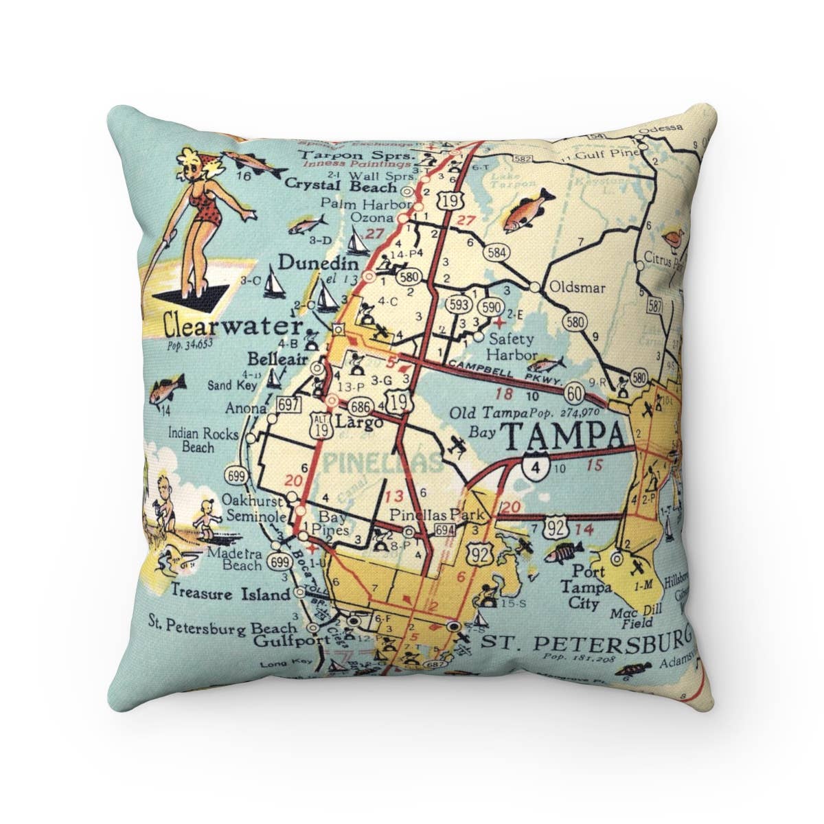 Pinellas County Florida vintage map throw pillow